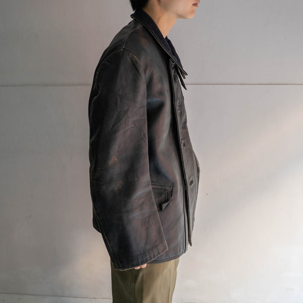 1950s France black corbusier leather jacket -navy wool collar-