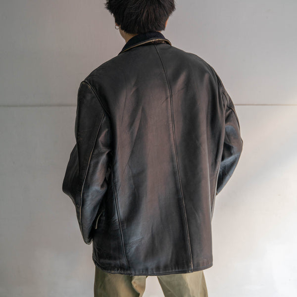 1950s France black corbusier leather jacket -navy wool collar-
