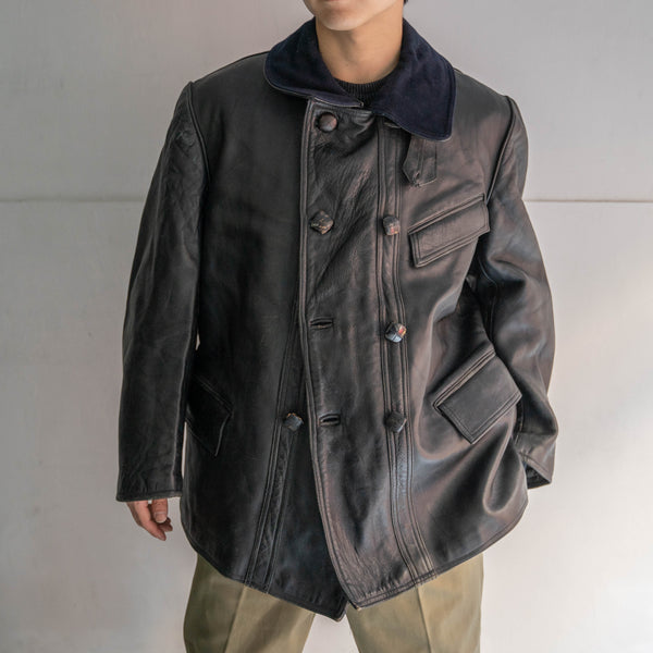 1950s France black corbusier leather jacket -navy wool collar- 2