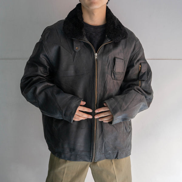 1970-90s French military pilot leather jacket -with fur-