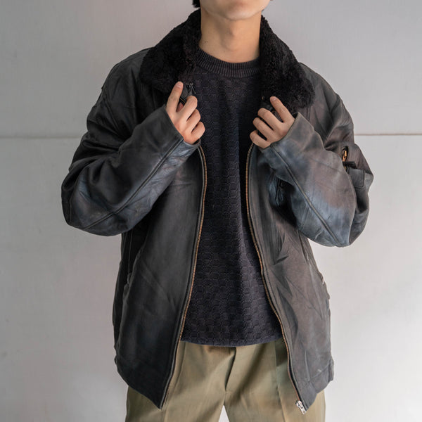 1970-90s French military pilot leather jacket -with fur-