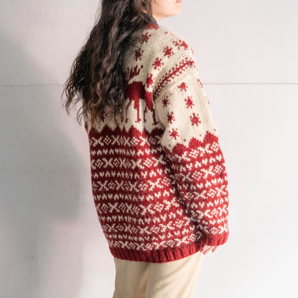 around 1980s Nepal collar less wool cardigan 'reindeer pattern'