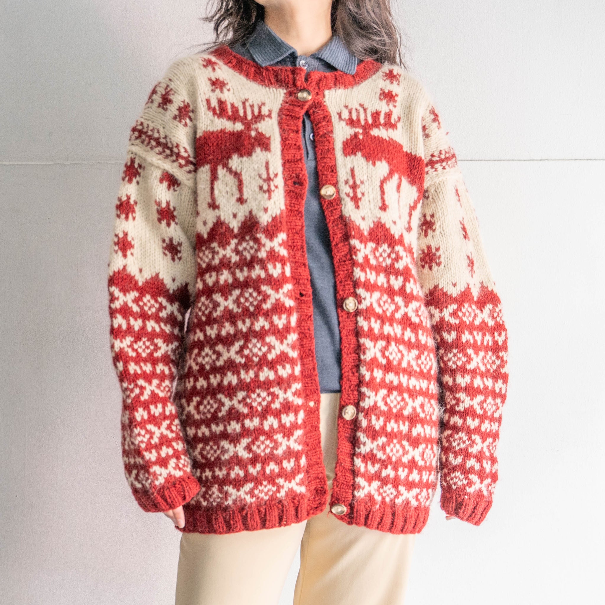 around 1980s Nepal collar less wool cardigan 'reindeer pattern'