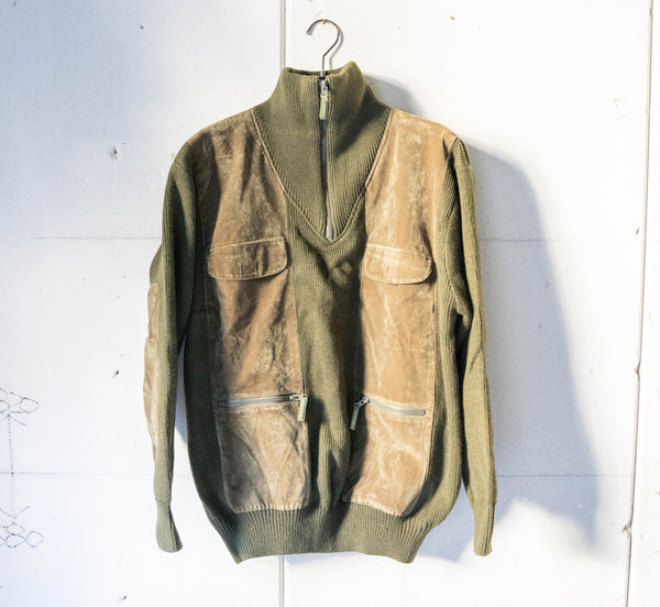 around 1980s moss green velour × knit switching high neck pullover