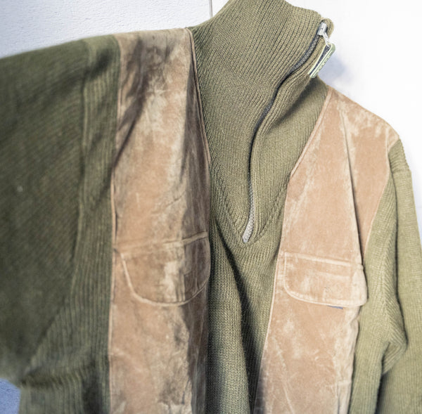 around 1980s moss green velour × knit switching high neck pullover