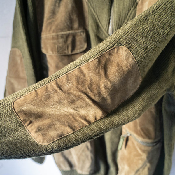 around 1980s moss green velour × knit switching high neck pullover