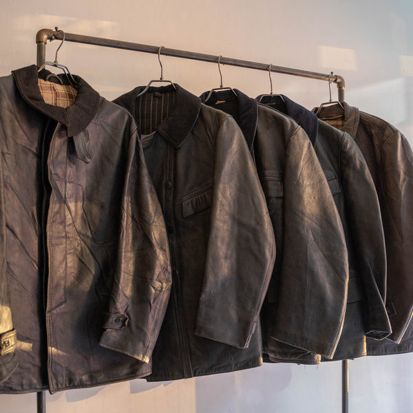 1960s France black leather half coat -wool collar-