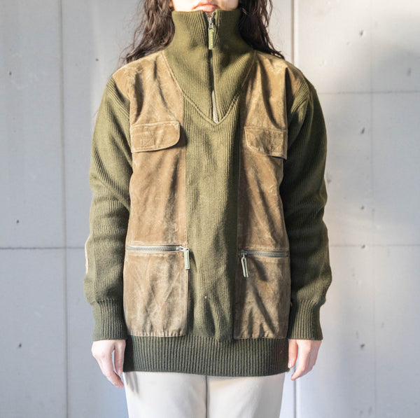 around 1980s moss green velour × knit switching high neck pullover