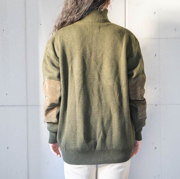 around 1980s moss green velour × knit switching high neck pullover