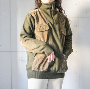 around 1980s moss green velour × knit switching high neck pullover