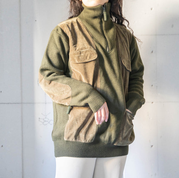 around 1980s moss green velour × knit switching high neck pullover