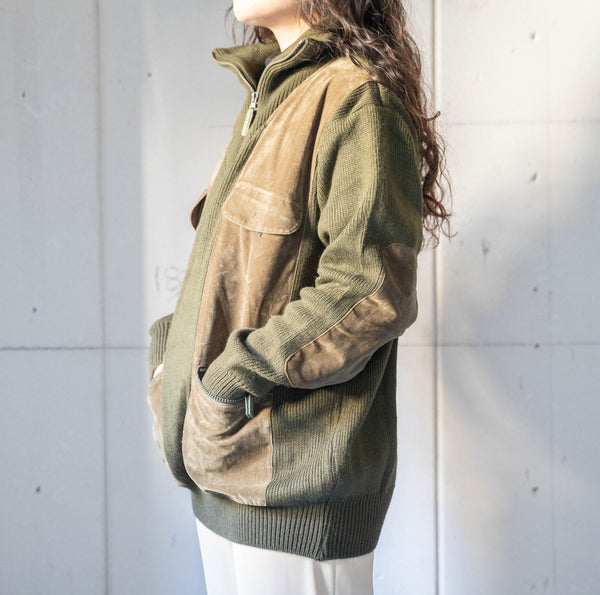 around 1980s moss green velour × knit switching high neck pullover