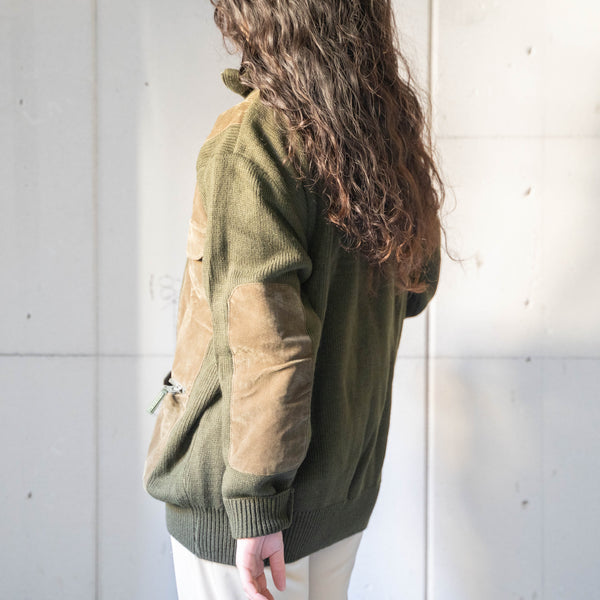 around 1980s moss green velour × knit switching high neck pullover