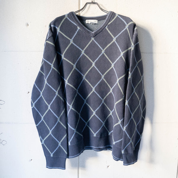 1990s navy color diagonal check cotton v neck knit