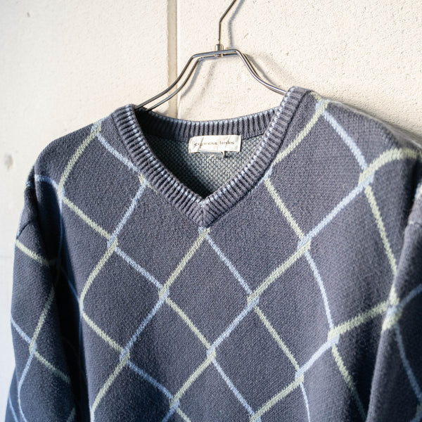 1990s navy color diagonal check cotton v neck knit