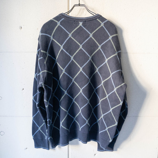 1990s navy color diagonal check cotton v neck knit