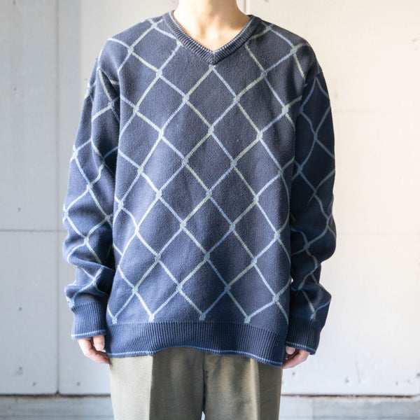 1990s navy color diagonal check cotton v neck knit