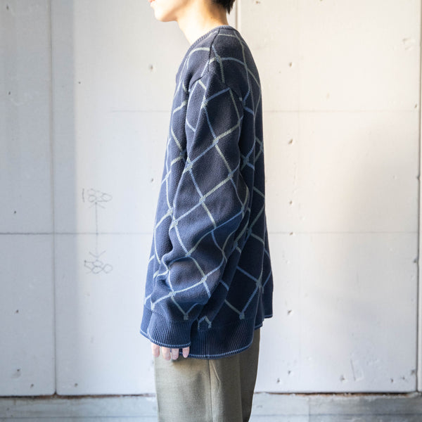 1990s navy color diagonal check cotton v neck knit