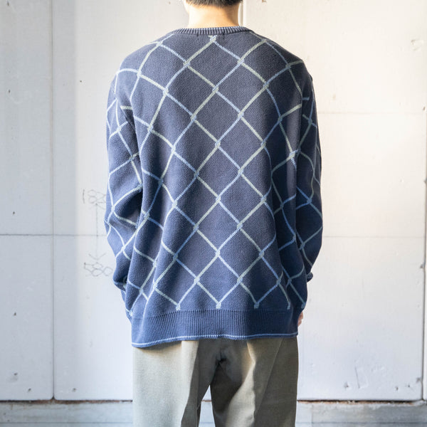 1990s navy color diagonal check cotton v neck knit