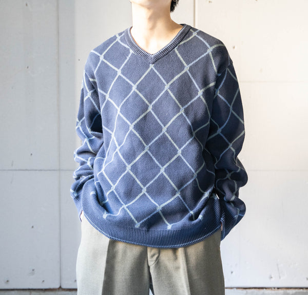 1990s navy color diagonal check cotton v neck knit