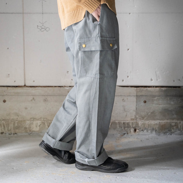 1990-00s Europe chef wide pants "black dyed-" -with cargo pocket & back pocket-