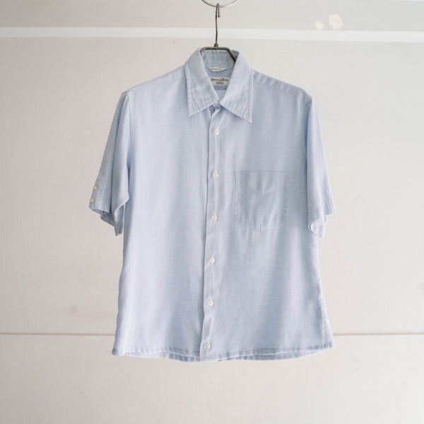 1970-80s sax blue weavy fabric short sleeve shirt -remake-