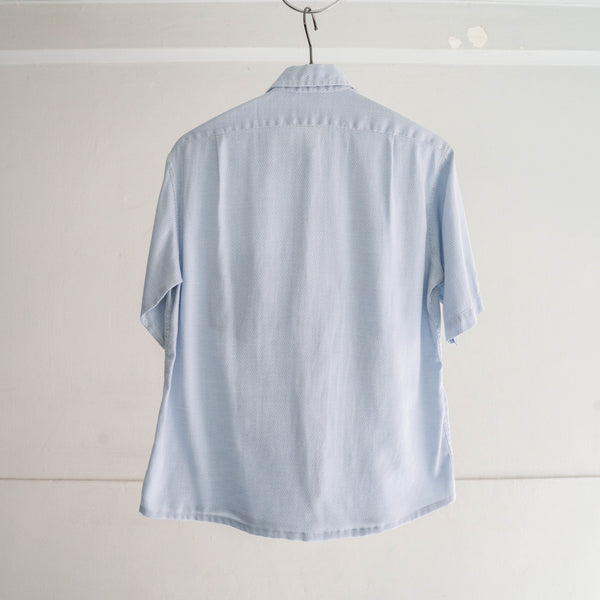 1970-80s sax blue weavy fabric short sleeve shirt -remake-