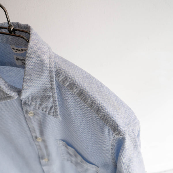 1970-80s sax blue weavy fabric short sleeve shirt -remake-