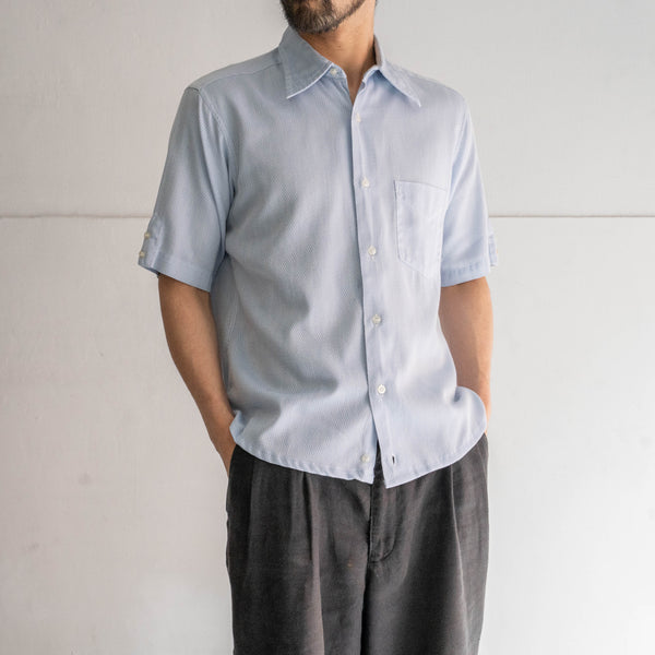 1970-80s sax blue weavy fabric short sleeve shirt -remake-