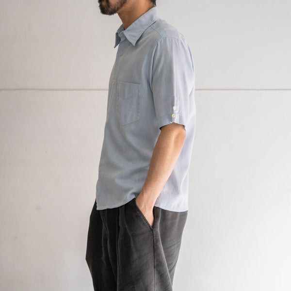 1970-80s sax blue weavy fabric short sleeve shirt -remake-