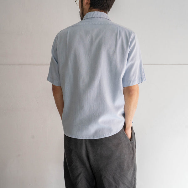 1970-80s sax blue weavy fabric short sleeve shirt -remake-