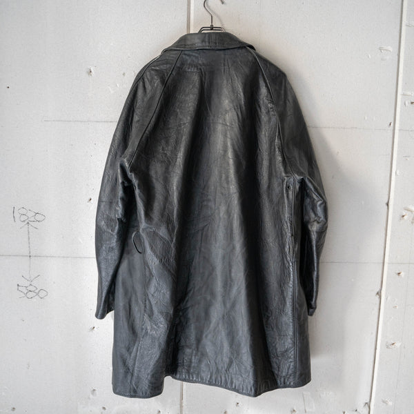 around1970s Italian police black color double breasted leather car coat -with chin strap-