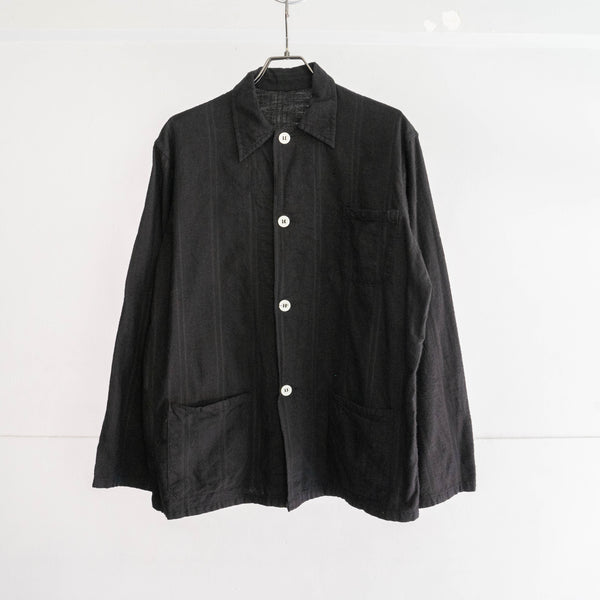 around 1960s France cotton flannel stripe pattern pajama shirt 'dead stock' black dyed-