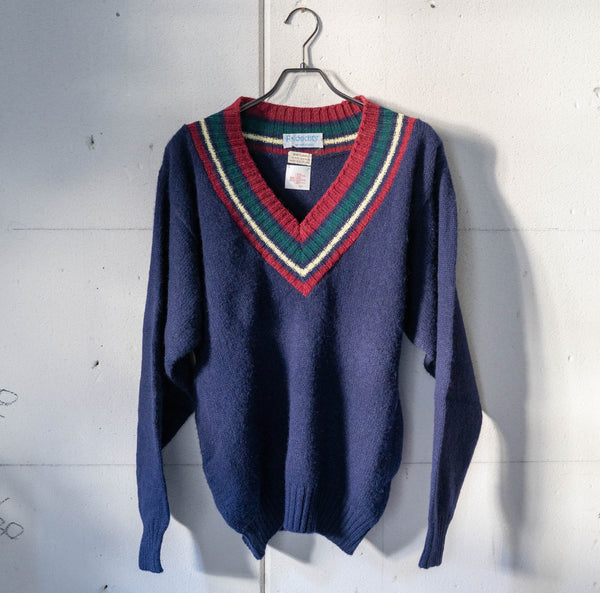 around 1990s navy color V-neck tilden knit