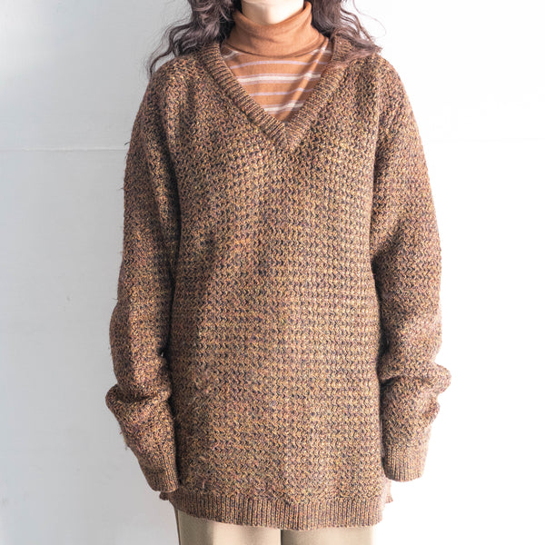 around 1970s scotland brown based multicolor V-neck wool knit