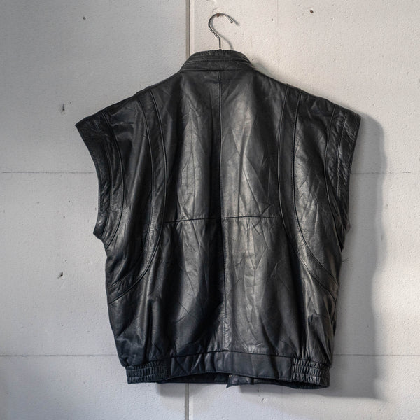 around 1990s Europe black color stand collar design leather jacket -detachable shoulder-