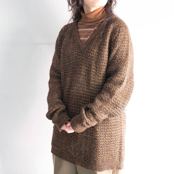 around 1970s scotland brown based multicolor V-neck wool knit