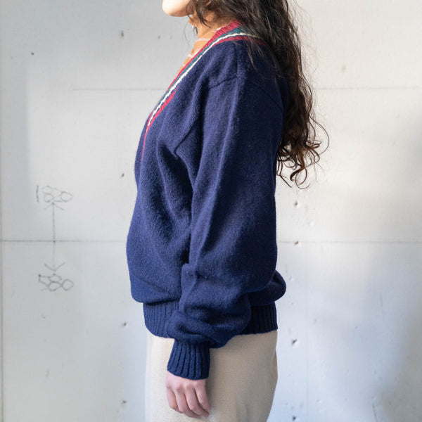 around 1990s navy color V-neck tilden knit