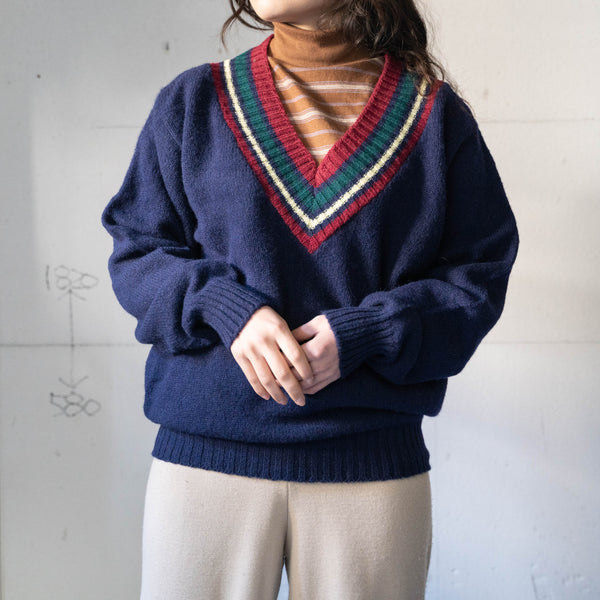 around 1990s navy color V-neck tilden knit