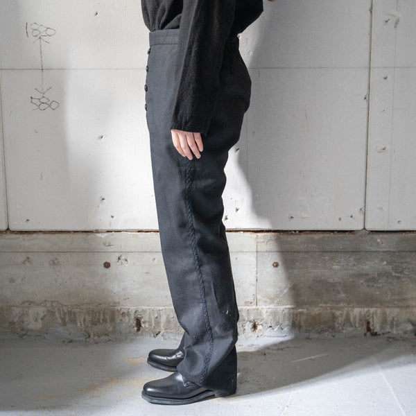 1980-90s England black color side race line wool dress pants -front remake-