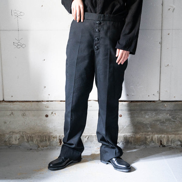 1980-90s England black color side race line wool dress pants -front remake-