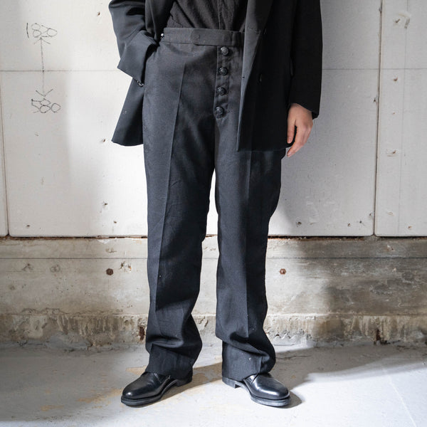 1980-90s England black color side race line wool dress pants -front remake-