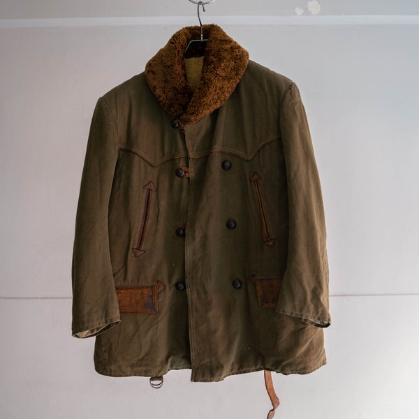1940s France olive canadian coat -leather switching-