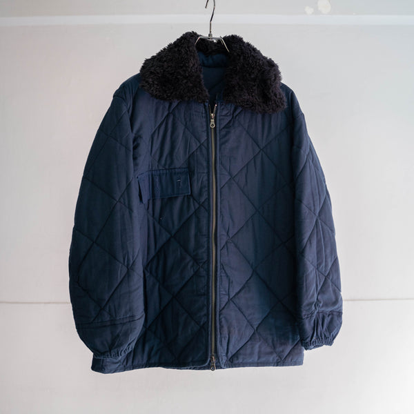 1980s Europe military navy quilting jacket with boa collar -double zip remake-