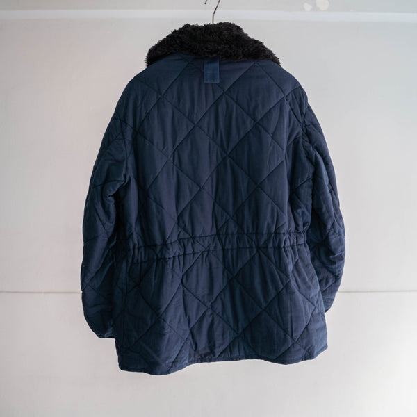 1980s Europe military navy quilting jacket with boa collar -double zip remake-