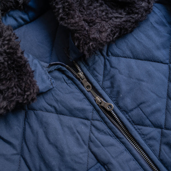 1980s Europe military navy quilting jacket with boa collar -double zip remake-