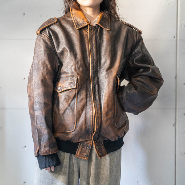 1980-90s Italy A-2 type brown leather jacket "with boa liner" -super fade-