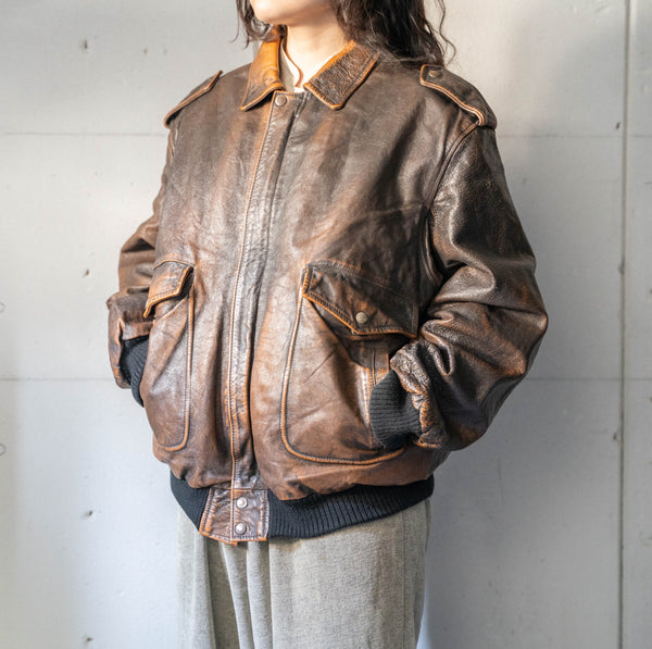 1980-90s Italy A-2 type brown leather jacket "with boa liner" -super fade-