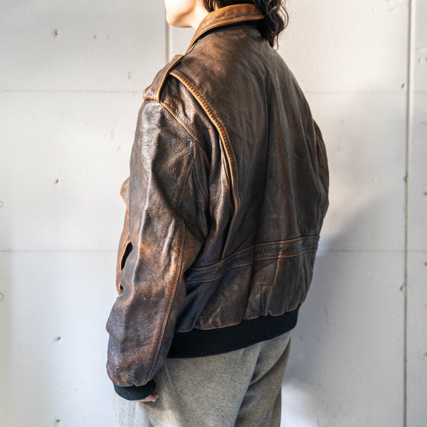 1980-90s Italy A-2 type brown leather jacket "with boa liner" -super fade-