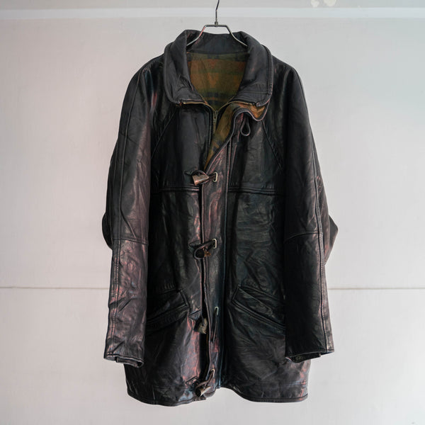 1970-80s Europe black leather long coat -toggle buttons-